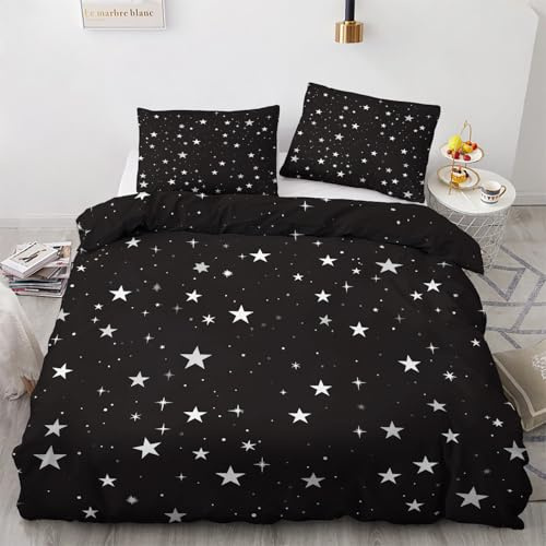NOGAWA Bettwäsche Sterne 135x200 - Bettbezug Schwarz Weiß, Bettwäsche-Sets 2 teilig, Weich & Atmungsaktiv Mikrofaser Wendebettwäsche und 1 Kissenbezug 80x80 mit Reißverschluss