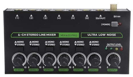 MIX600 Mélangeur Audio Stéréo Mono 6 Canaux, Carte Son de Mixage DJ Stéréo RVB, Prise Stéréo 6,35 Mm, Amplificateur de Casque à Faible Bruit, Mélangeur de Son pour Studio de