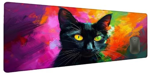 Mauspad XXL 1200x600mm Schwarz Mousepad Groß Schreibtischunterlage Katze, Gaming Mauspad Gadgets Schreibtisch Zubehör, Wasserdicht Mouse Pad rutschfeste Vernähte Kanten Verbessert Geschwindigkeit Y-9