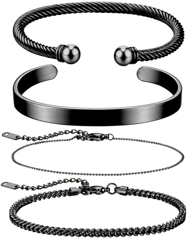 JeweBella 4 Pièces Bracelet Homme Argent/Or/Noir Acier Inoxydable Ouvert Manchette Jonc Bracelet Chaîne Ensemble Bracelet Jonc Homme Bijoux