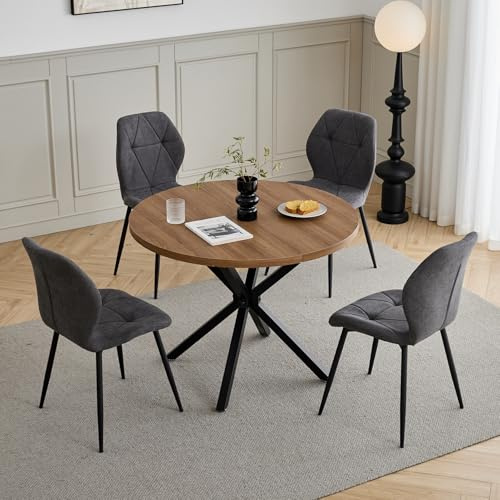 GrandCA HOME Esstisch und Stuhlset, 100 cm Runder Esstisch und 4 Moderne Leinenstühle, für Esszimmer, Küche, Wohnzimmer (Dunkel+ Dunkelgrau)