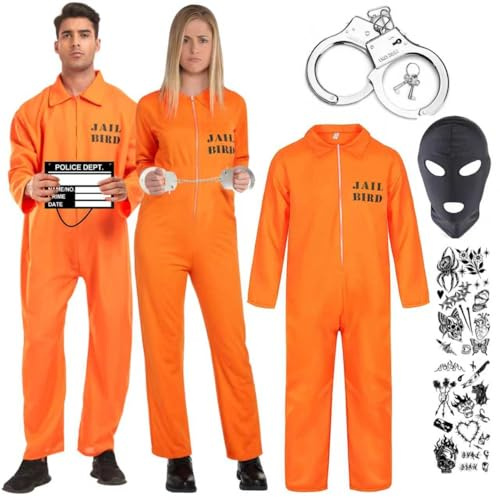 Gefangener Kostüm Herren Damen Halloween Sträfling Gefängnis Häftling Kostüm Herren Damen Orangener Overall mit Namensschild Handschellen Knast Knasti Verbrecher Prisoner Costume Men Women Halloween