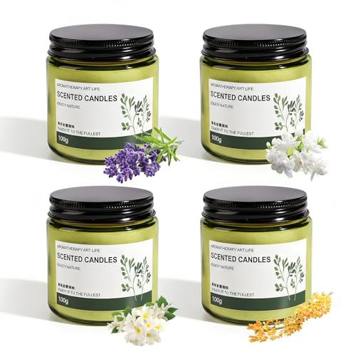 Bougie Parfumée en Verre Ensemble, 4 Pcs Bougies Parfumées Cadeau pour Femme, Bougie Parfumées en Pot, Lavande, Freesia, Gardénia, Osmanthus, pour soulager le stress, anniversaires, cadeaux de Noël