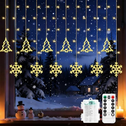 Sunshine smile Lichterkette Schneeflocken,3M 192 LEDs Lichtervorhang Batterie,Lichtervorhang Weihnachten mit 8 Modi und Fernbedienung,Lichterkette Fenster,LED Schneeflocke Vorhang Lichter