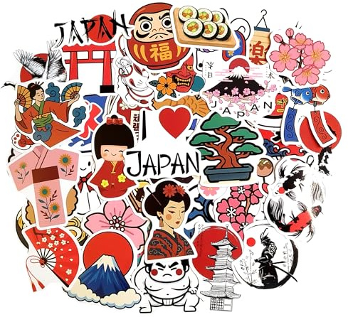Set Adesivi Giappone Vinile Sakura Monte Fuji Torii Lanterna Onda Cibo Adesivi Tradizionali Giapponesi Estetica per Notebook Laptop Borraccia Diario Scrapbook Decorazione