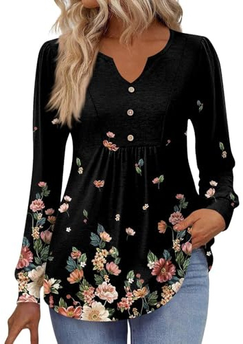 Generico Maglie Lunghe Donna Maglietta Donna Manica Lunga T Shirt Elegante Sexy Girocollo Cotone Camicia Oversize Fantasia Blusa Larga Invernale T Shirt Casacca Elegante Curvy