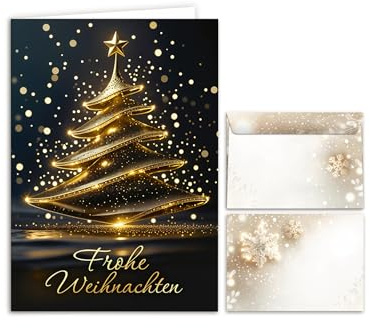 3 Weihnachtskarten mit Umschlägen – Klappkarten DIN A6 „Frohe Weihnachten“ mit Weihnachtsbaum Motiv Tannenbaum schwarz gold – Hochwertige Weihnachtsgrußkarten – Karten Set