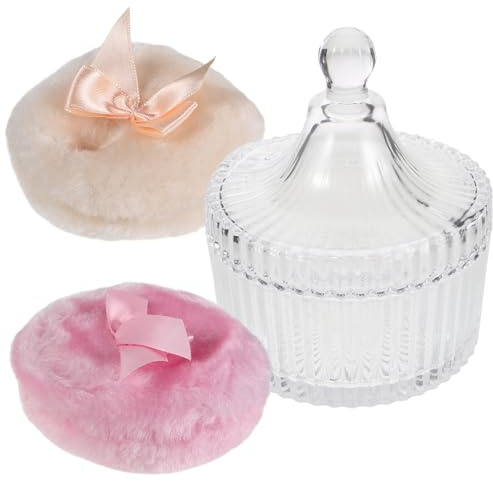 TEHAUX Set de Houppettes pour Poudre Corporelle Bébé en Peluche Beige et Rose avec Récipient en Verre de Nœud Rangement Pratique Soin Précis