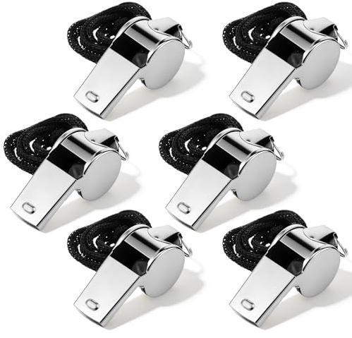 TIESOME 6 Pcs Coaching Whistle, Stainless Steel Whistles for Adults With Lanyard, Very Loud Coach Referee Whistle for Sports, PE Teachers, Basketball, Volleyball, Personal Safety (Silver)