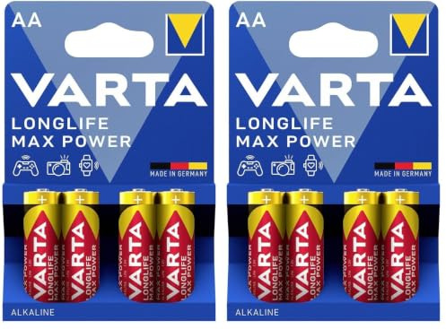 VARTA Piles AA, Lot de 8, Longlife Max Power, Alcalines, 1,5V, adaptées aux appareils Photo numériques, contrôleurs, tensiomètres, Made in Germany