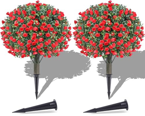 Artificial Topiary Boxwood Ball Trees with Rose Set of 2 22 Outdoor Faux Plants Realistic Fake Bushes Lifelike Shrubs Decorations for Outdoor Indoor Front Porch Garden (Rose, 22in)