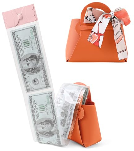 Litvana Geldgeschenk-Überraschungsbox mit Schleife - Leder Geldgeschenk zum Ziehen DIY Geschenkbox für Geburtstag, Gedenktag & Weihnachten Orange