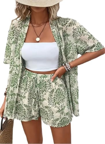 PANOZON Conjuntos de 2 Piezas para Vacaciones en Hawái para Mujer Camisas de Manga Corta con Estampado Tropical y Pantalones Cortos Playa Ropa de Resort,Verde M