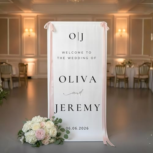 MEIEG Cartello di Benvenuto for Matrimonio in Tessuto Personalizzato, Cartello for Cerimonia di Festa, Banner di Benvenuto al Nostro Cartello for Matrimonio, Materiale in Lino(60X200 cm)