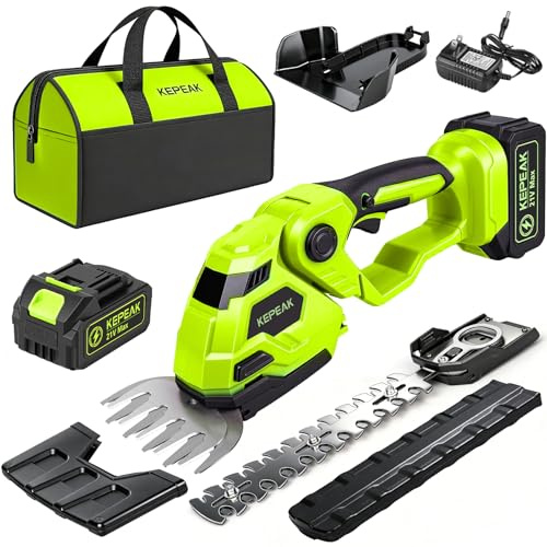 KEPEAK 2 in 1 Cordless Hedge Trimmer, 21V Electric Handheld Bush Trimmer, 5 Grass Shear & 9 Shrub Trimmer with 2 Blades, Hedge Shear with 4.0Ah Battery and Charger for Garden, Lawn