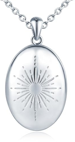 MICSAVI Collier Photo Médaillon Oval Argent Sterling 925 pour Femme Fille, Personnalisé Locket Pendentif avec motif Soleil, Bijoux de Amulette Mémoire pour Maman épouse Petite Amie
