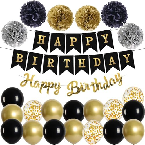 Happy Birthday Schwarz Geburtstag Party Deko Set 1 Girlande 6 Pompoms 16 Luftballons Schwarz Gold Ballons Gold Konfetti Luftballon(ca.30cm) 1 Happy Birthday Banner in Gold metallic