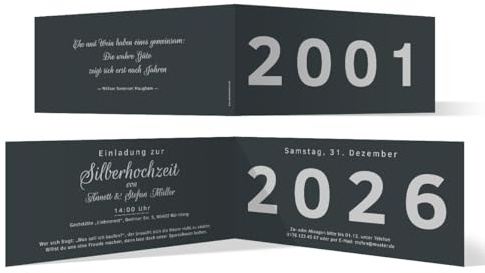 Kartenmachen.de Individuelle Silberhochzeit Hochzeitseinladungen ab 10-100 Stück selbst gestalten, silberne Hochzeit Einladung - Jahrzehnt Sprung, zugeklappt 2001, aufgeklappt 2026 (25 Jahre)