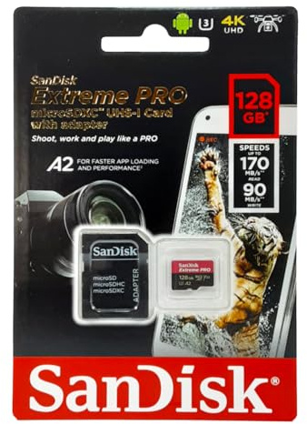 SanDisk Extreme Pro 128GB microSDXC Memory Card + SD Adapter with A2 App Performance + Rescue Pro Deluxe 170MB/s Class 10, UHS-I, U3, V30