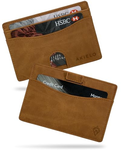 AKIELO Tarjetero Minimalista Bloqueo RFID con Caja Regalo – Cartera Tarjetero de Hombre – Cartera de Hombre Fina y Compacta (Echo - Edición Marrón Claro)