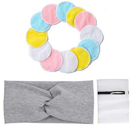 12 Stück Waschbar Makeup Entferner Pads,Wiederverwendbarer Make up Entferner mit Stirnband Wäschebeutel für Augen Gesichtsreinigung,Saubereres Gesicht Abwischung Baby