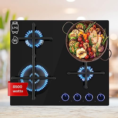 Klarstein Illuminosa – placa de cocina de gas, encastrable, quemador Sabaf, gas natural, propano, válvula de ventilación, autoapagado, portasartenes magnético, hierro fundido, 4 fogones, 60 cm, negro