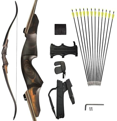 SHARROW 60 Zoll Bogenschießen Take-Down Recurve bögen und Jagd Pfeil Bogen Set 20-60 Lbs Rechte Hand für Jugendliche und Erwachsene+12 PCS Fiberglaspfeil und Bögen Zubehör (Schwarz Braun, 30lbs)