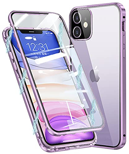 MOSSTAR Hülle für iPhone 12 Mini 5,4'', Magnetische Adsorption Handyhülle 360 Grad Cover Full Body Vorne hinten Gehärtetes Glas Schutzhülle Einteiliges Ultra Dünn Transparente Case,Violett