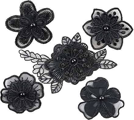 10 Stück Spitze Organza Stickerei Schwarz Perlen Blumen Applique Patches Sticker Aufnäher Applikation Flicken zum Aufnähen Gestickte Basteln und Dekorieren Auf Kleidung Gardine Tischtuch Taschen Schal