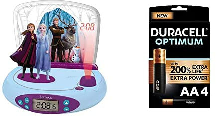 Disney Frozen La Reine des Neiges 2 Elsa & Anna, Réveil projecteur avec sons, Veilleuse intégrée, projection de l'heure au plafond, effets sonores, à piles + Duracell Piles alcalines AA Optimum