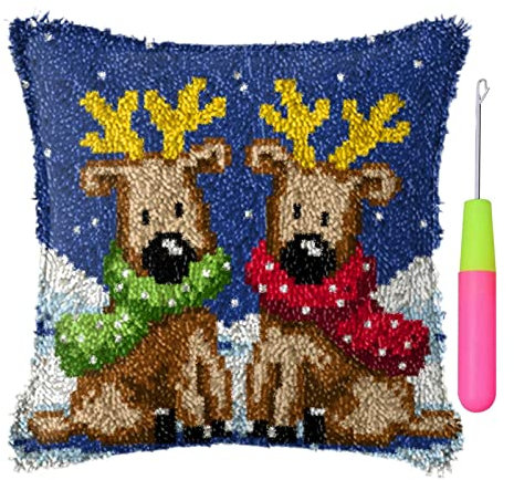 Basketballkorb Kissenbezug Zum Selber Knüpfen Erwachsene, Weihnachten Knüpfkissen Teppich Knüpfen Selber Machen mit Bedruckter Leinwand (Color : Reindeer)