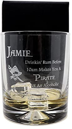 Regalo Personalised Engraved Dimple Rum Glass Tumbler - Pirate Rum Design (Cardboard Gift Box)