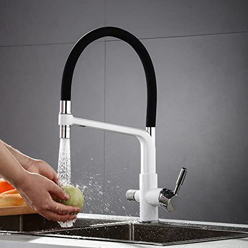 Rubinetto 3 Vie Cucina Rubinetteria Cucina con Doccetta Estraibile Beccuccio Silicone Miscelatore 3 Vie Rubinetti Cucina Doccetta Doppio Manico per Depuratore Osmosi Inversa Bianco