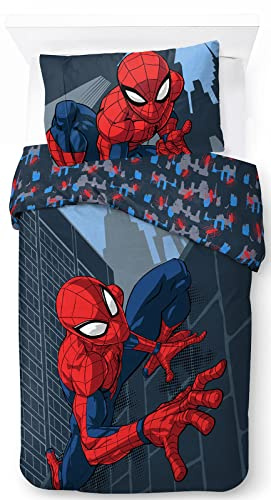 Jay Franco Marvel Spiderman City Streets Juego de Ropa de Cama Infantil 100% Algodón 135 x 200 cm Tamaño Cama Individual - Funda Nórdica + Funda de Almohada 50 x 70 cm