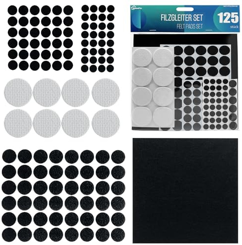shinfly Filtglidare självhäftande 125 st, 3 mm tjock självhäftande filt 5 mm tjockt vadderat dyna för tunga möbler + stort filtblad, stol filtglider för möbler
