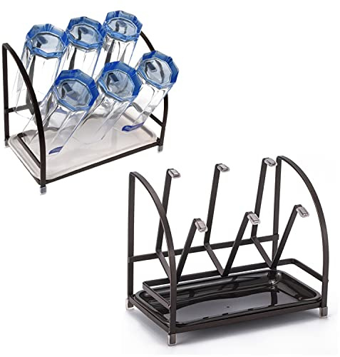 RHBLME 2 Packs Glass Drying Rack, Vertical Bottle Drying Rack Glass Bottle Holder with Drain Tray, Silicone Protective Hooks, Carbon Steel Non Slip Cup Mug Organizer for Glass Coffee Mug Countertop