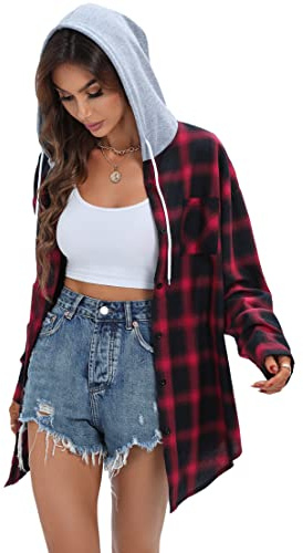 Women's Long Sleeve Tops Button Down Plaid Flannel Hoodie Oversized Checked Shirts Red