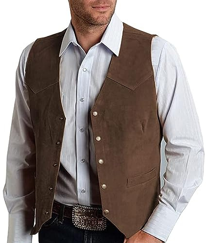 CXFOVIOVA Men's V-Neck Suit Vest, Retro 5 Button Suede Leather Regular Fit, Coffee, 3XL