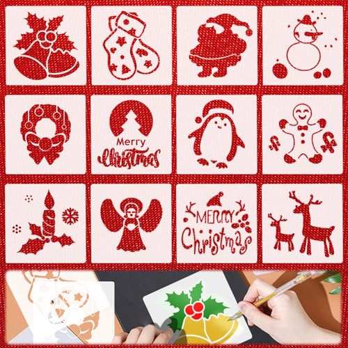 SPERMUOY Weihnachten Schablonen für Kinder, 12 Stück Wiederverwendbare Zeichenschablonen für DIY Weihnachtsdekoration