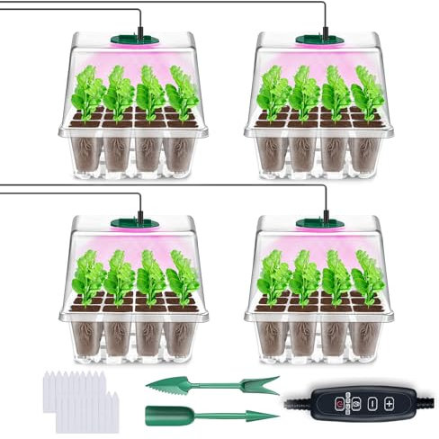 YAUNGEL Vassoio Germinazione con Luce di Coltivazione, 4 Pezzi Semenzaio per Piantine Mini Serra Propagatore con Luce di crescita Regolabile Luminosità & Umidità Propagatore di Semi Kit, Trasparente