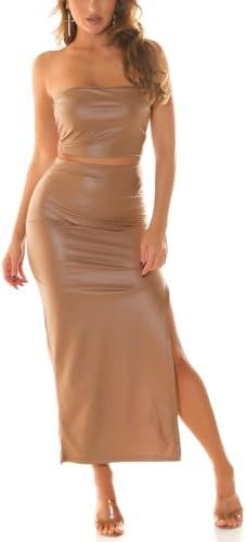 Koucla Party konstläder 2-delad läderlook outfit bandeau crop top hög midja midikjol kjol med slits, Cappuccino, En Storlek