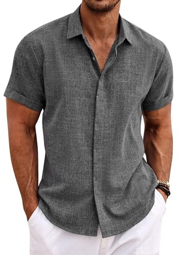 COOFANDY Mens Linen Shirts Short Sleeved Summer Regular Fit Button Down Hawaiian Holiday Tops