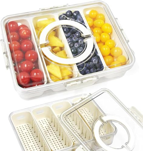 Snackbox mit Fächern, Geteiltes Serviertablett mit Deckel und Griff, Snackbox mit 4 Fächern, Snacktablett Organizer, Aufbewahrungsbox für üßIgkeiten Candy Veggie Keks Nüsse Veggie Desserts Obst