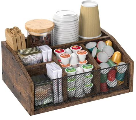 NOVIMANGO Coffee Accessories Storage Box with 4 Compartments, Wooden for Kitchen Organiser, Brown Shelf for Sugar, Syrup, Tea, Milk, Napkins, Cups, Spice Accessories Holder | tea spice organizer for decoration storage basket for k cup capsule holder countertop rustic brown