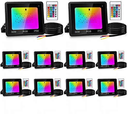 Fiqops RGB LED Strahler Außen 50W 10er, RGB Fluter LED Dimmbar Gartenstrahler mit Fernbedienung 16 Farben 4 Modi IP66 Wasserdicht, Memoryfunktion für Party Außen
