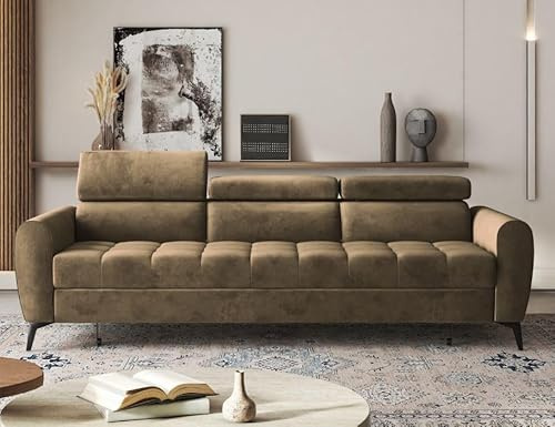Moderno Sofa mit Schlaffunktion Bjorn - Sofa mit 3 Sitzen und Robusten Metallfüße - Modern Schlafcouch - Couch mit Schlaffunktion 254x97x88 cm - Couch Hell Braun