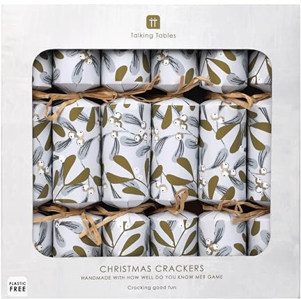 Talking Tables 6 x Christmas Crackers with How well do you know me Game, Party Hat, Botanical Mistletoe White Design Eco-Friendly Xmas Tableware, Recyclable