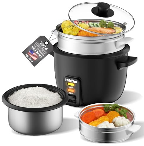 Rice Cooker, 2L Rice Cooker with Food Steamer, Rice Steamer with Non-Stick Inner Pot Makes Soups, Stews, Grains, Cereals, Keep Warm Feature (Black D)