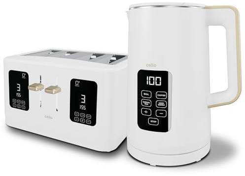 White 1600W 4 Slice Toaster, 1.7L 3000W Digital Kettle | Toaster with Detachable Crumb Tray, Digital Control Panel with Countdown Timer, BPA-Free Auto Shut-off Electric Temperature Control Kettle