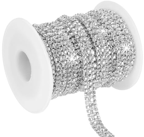 PATIKIL 6 meter strass kedjerulle, 3 rader kristallnära kedja, bling, sömnad, trimremsa för kläder, hantverk, gör-det-själv kostymdekoration, väska fälgutsmyckning, silver/vit